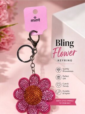 Mint Pink Bling Flower Rhinestone Keychain Bag Charm